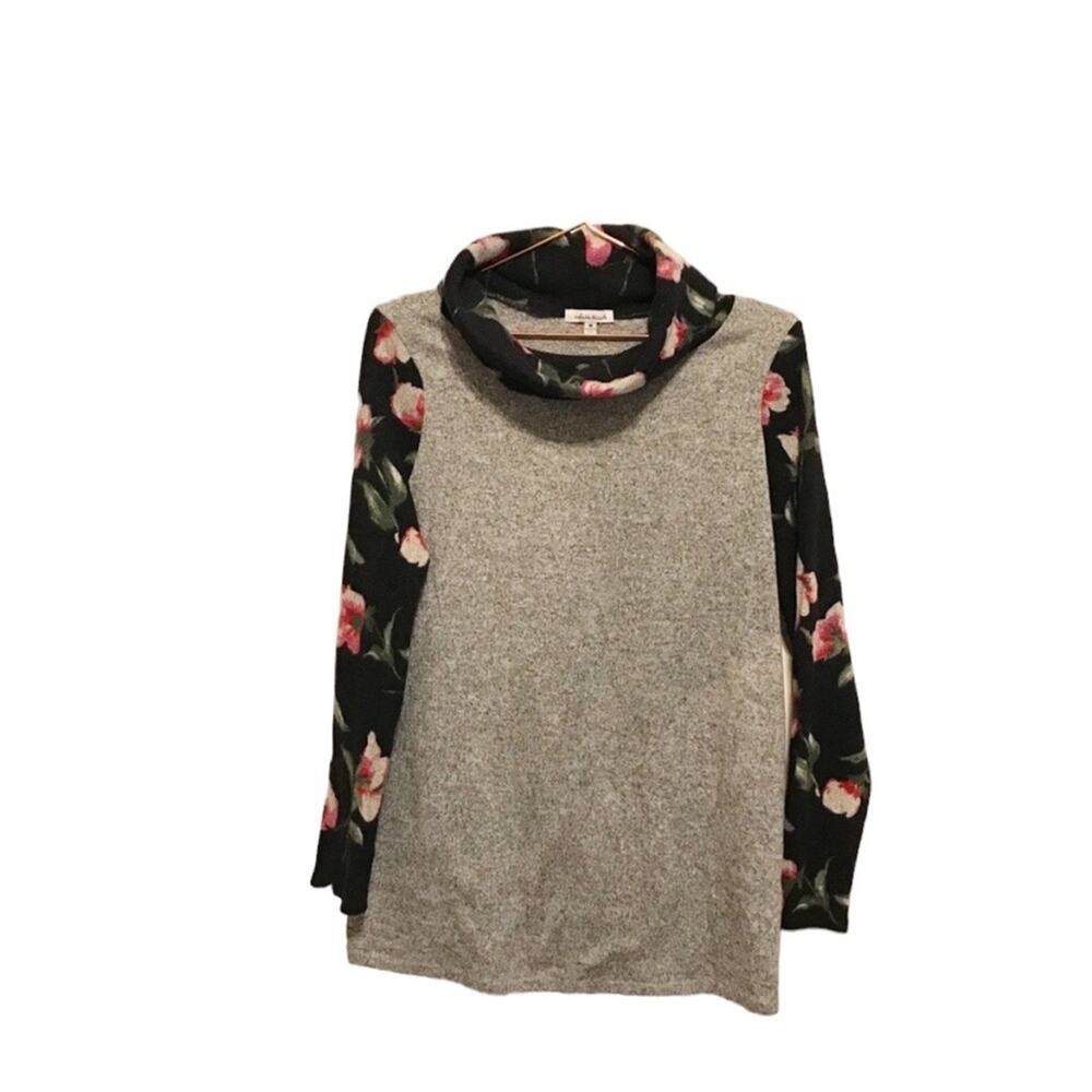 White birch floral turtle cowl neck contrast color tunic length sweater medium